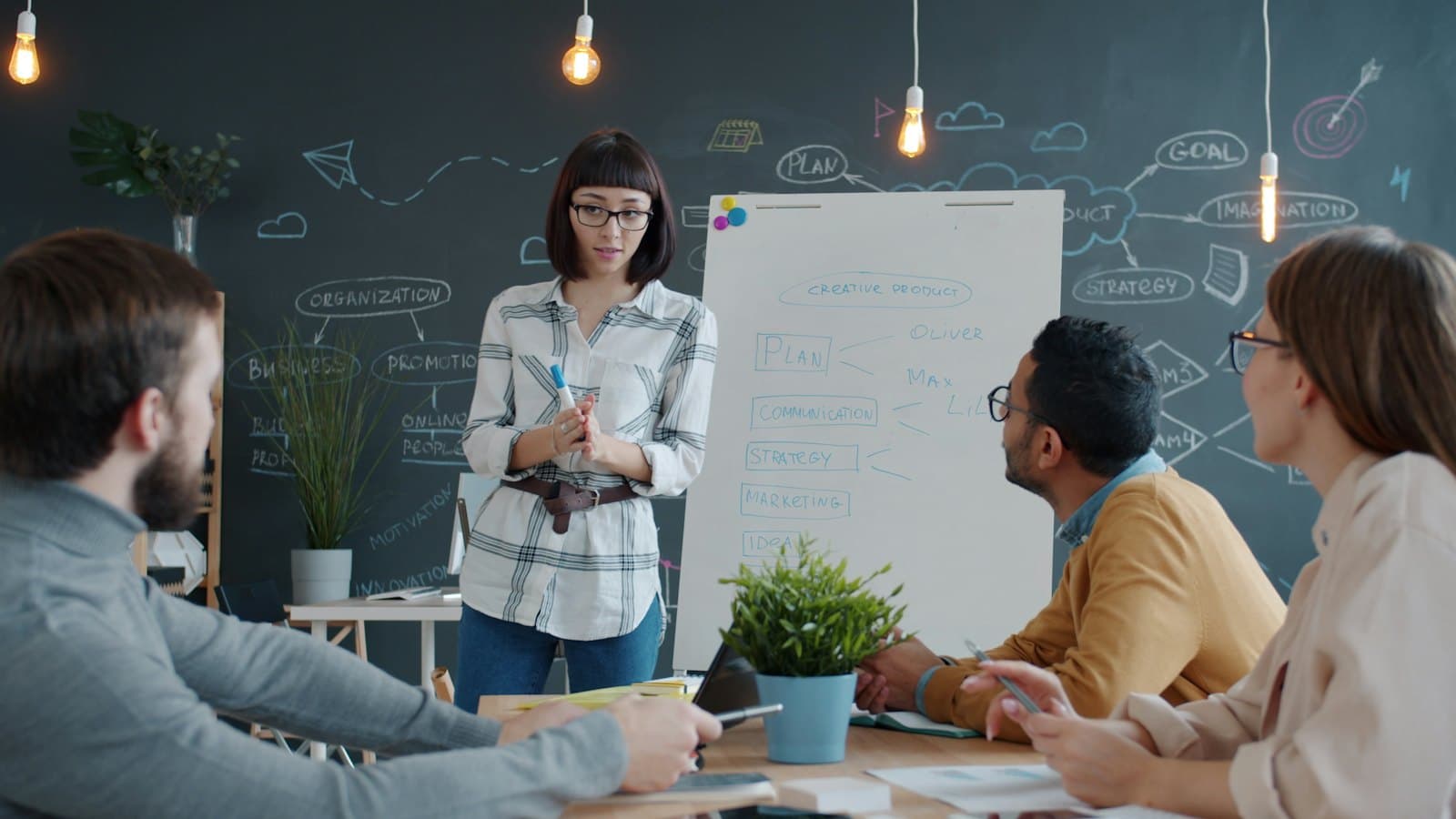 A trainer at a whiteboard with a small group